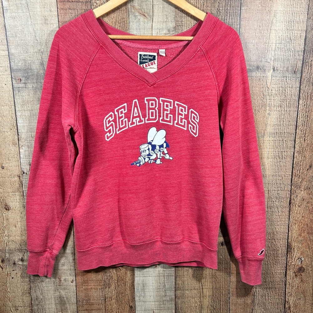 League Triblend Sweats Navy Seabees Graphic Sweatshirt Red V-Neck Women Large